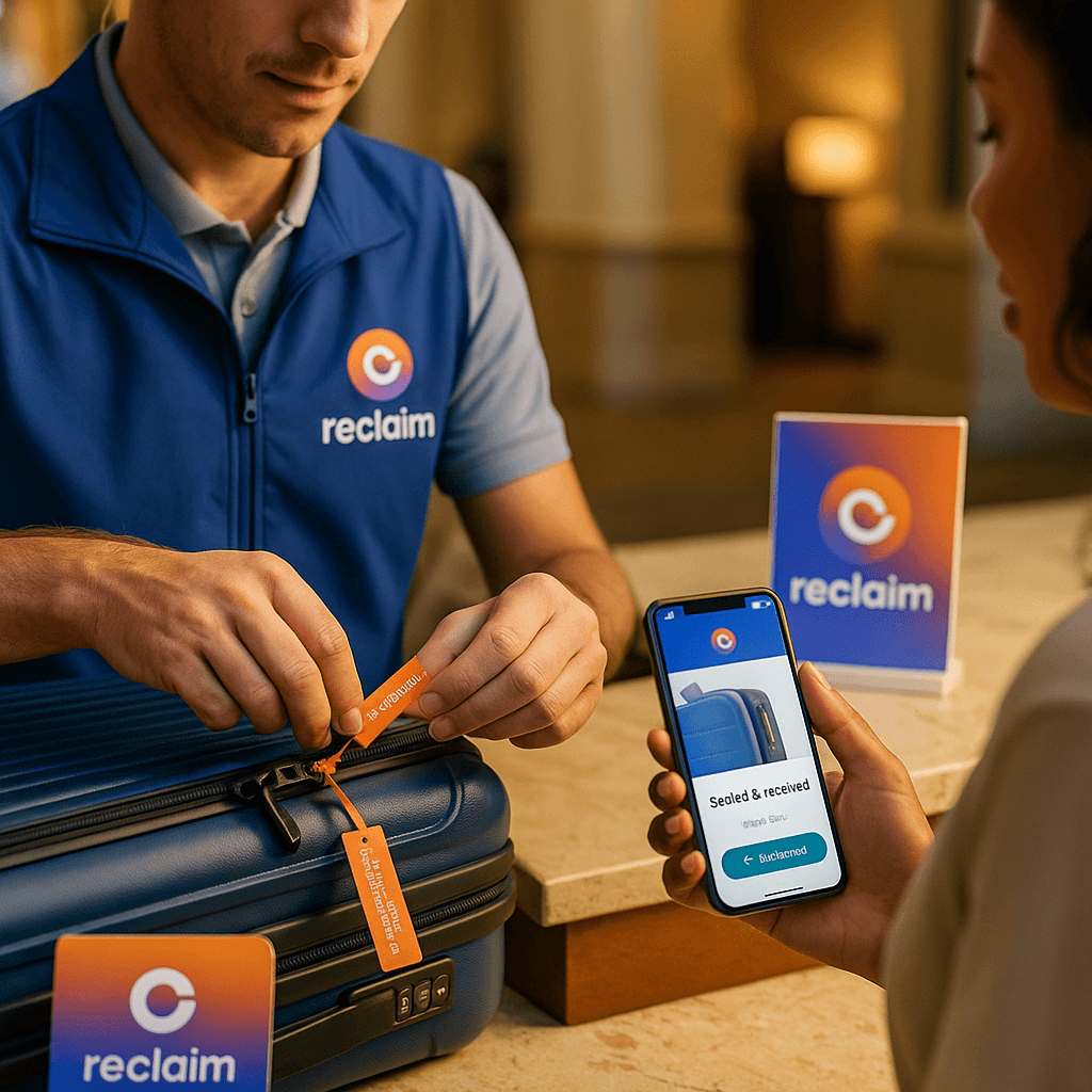 reclaim professional tagging luggage with mobile app showing sealed and received status