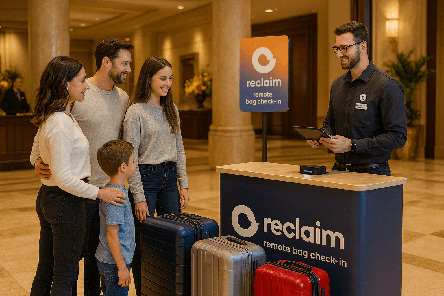 reclaim service at luxury hotel lobby with family checking in their luggage